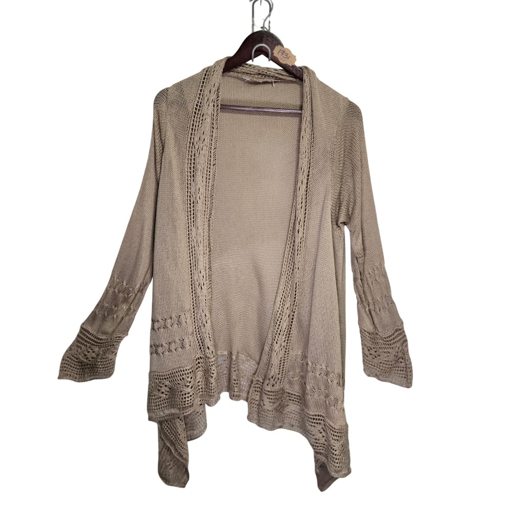 Taupe Tan Open Front Pointelle Knit Waterfall Cardigan Lightweight Sweater